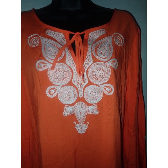 Melissa Page Womens M Embroidered Orange Boho Blouse Tie Neck & Long Sleeves New - Picture 3 of 6